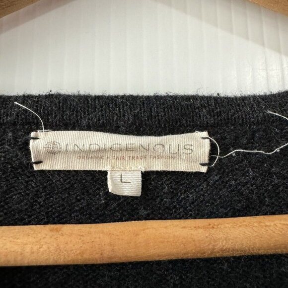 INDIGENOUS Black Long Sleeve 100% Organic Cotton Sweater Sz L Alpaca Wool Trim - Picture 3 of 16
